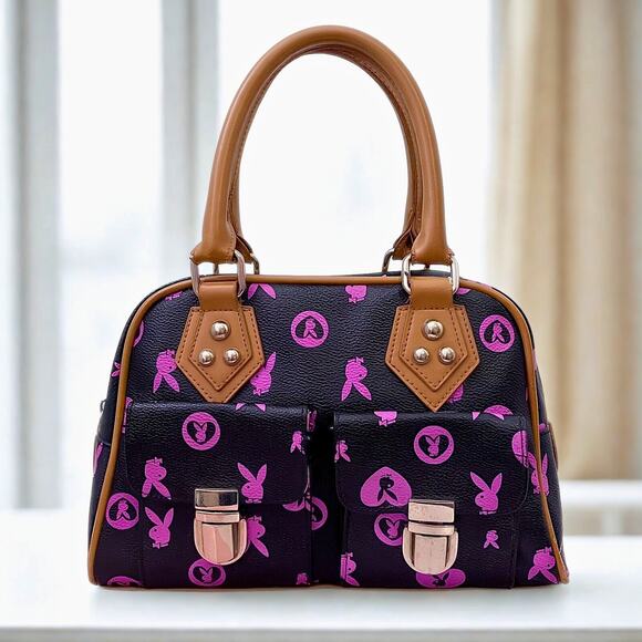 PLAYBOY Handbags - Playboy Pink & Black Monogram Handbag Y2K Bunny Print Pink Lining